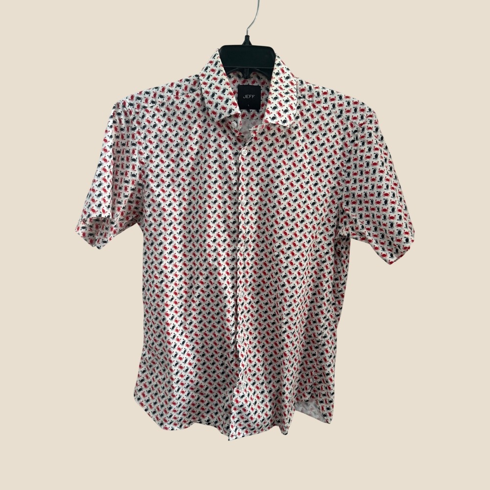 Jeff Mens Crab Print Short‎ Sleeve Button Down Shirt White Red Navy Blue Large